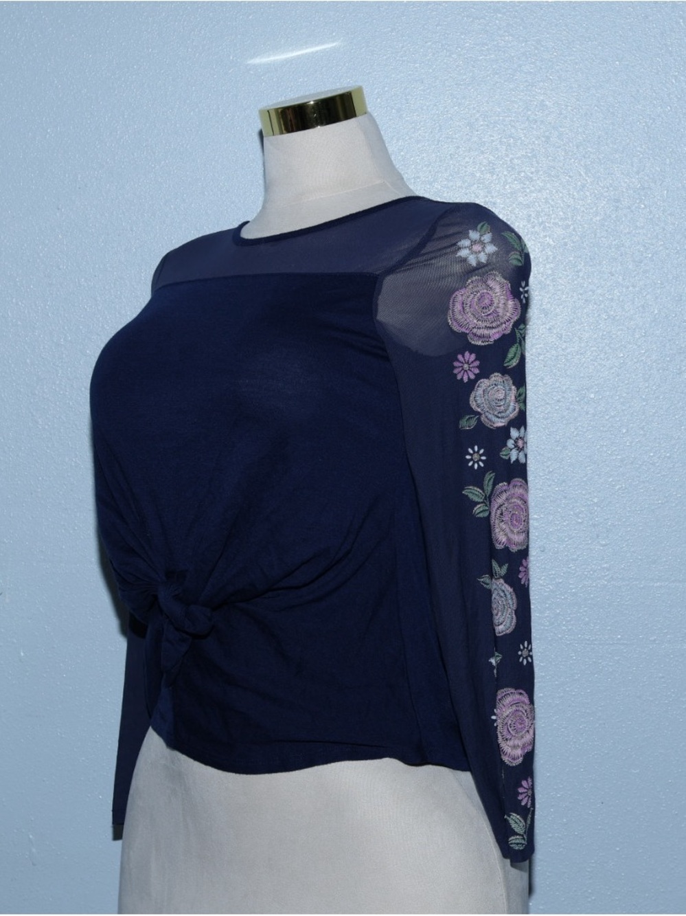 Beautees Navy Blue Mesh Detail Top